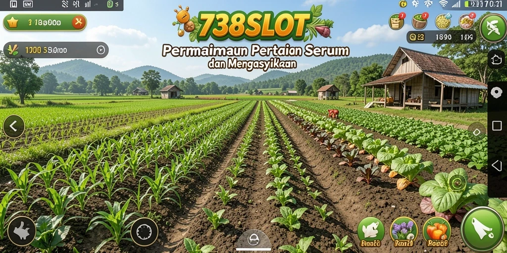 Screenshot gameplay 738SLOT memperlihatkan kebun yang indah dan tanaman yang subur.