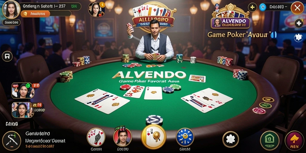 Tampilan gameplay poker seru di ALVENDO yang realistis dan mendebarkan.