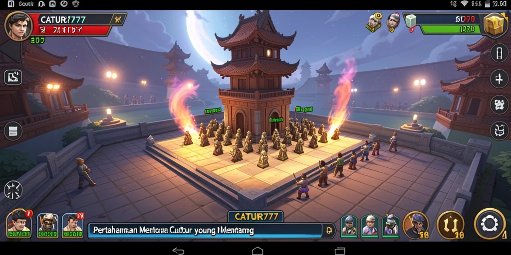 Tampilan gameplay CATUR777 dengan aksi menara catur melawan musuh.