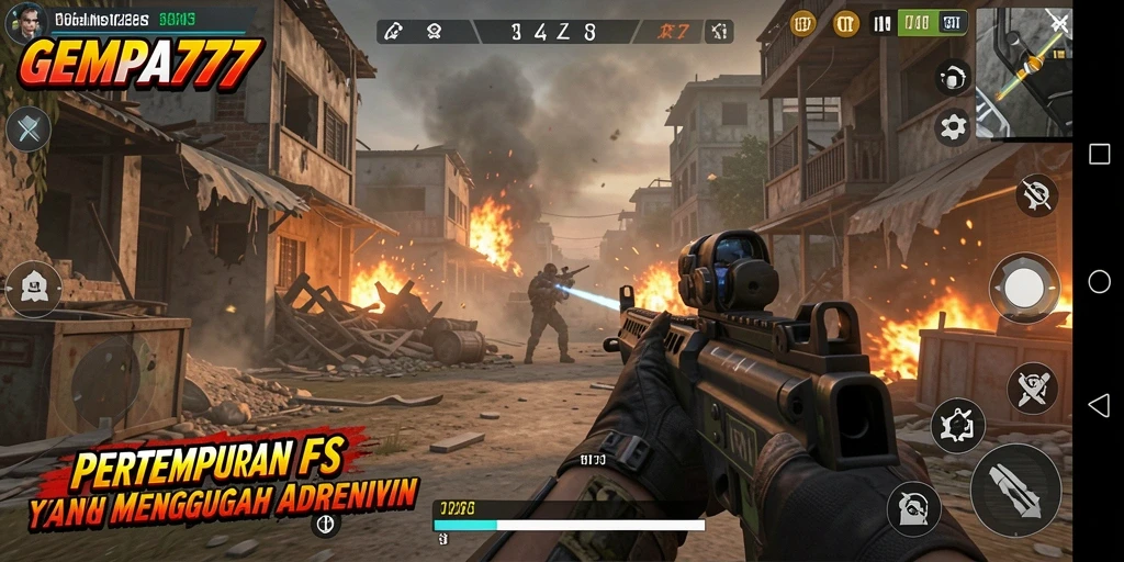 Screenshot GEMPA777 menampilkan aksi pertempuran FPS yang intens.