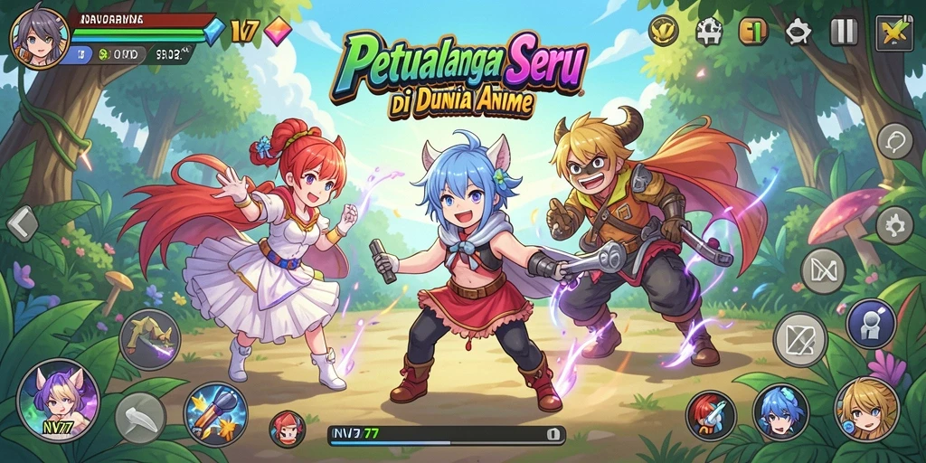 Tampilan utama NV77 menampilkan karakter anime dalam aksi seru.