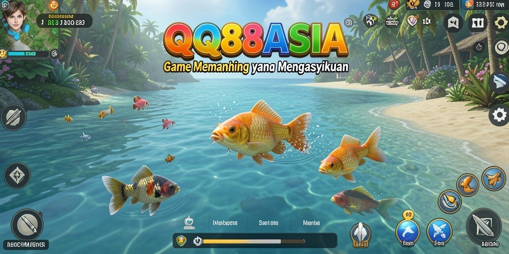 Tampilan gameplay seru QQ88ASIA dengan berbagai ikan yang berwarna-warni.