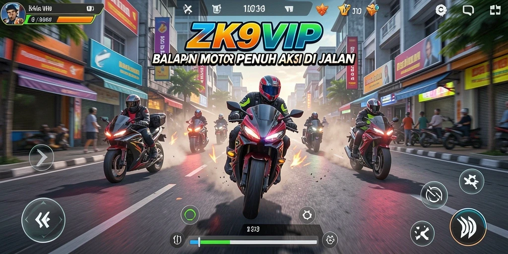 Tampilan utama gameplay ZK9VIP yang menampilkan balapan motor yang intens.